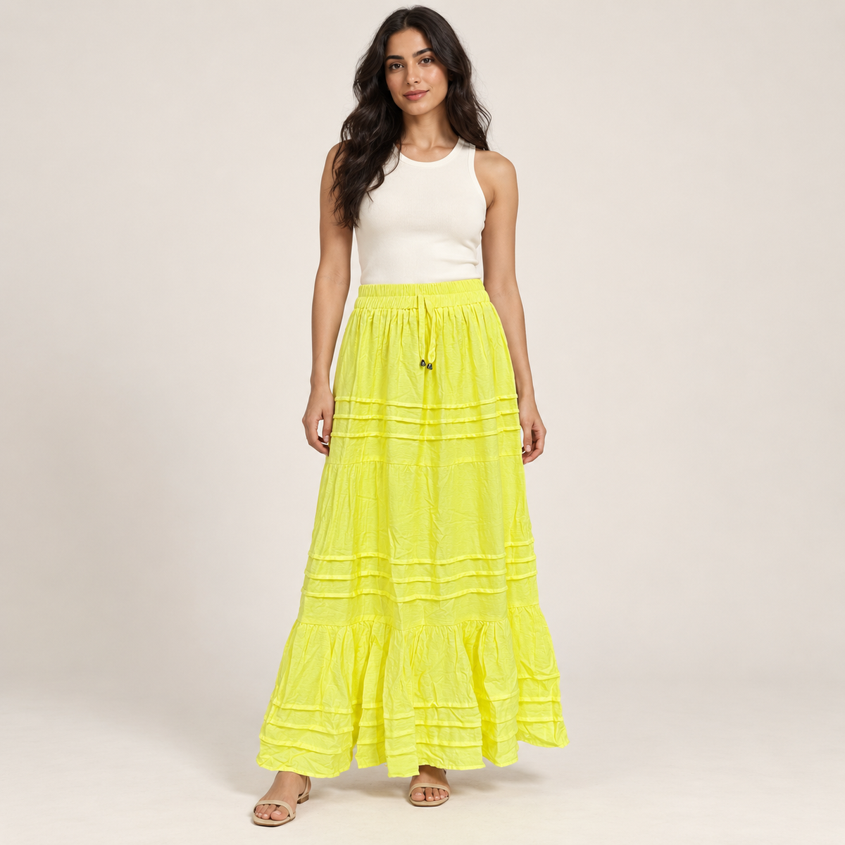 Women Tiered Drawstring Maxi Skirt