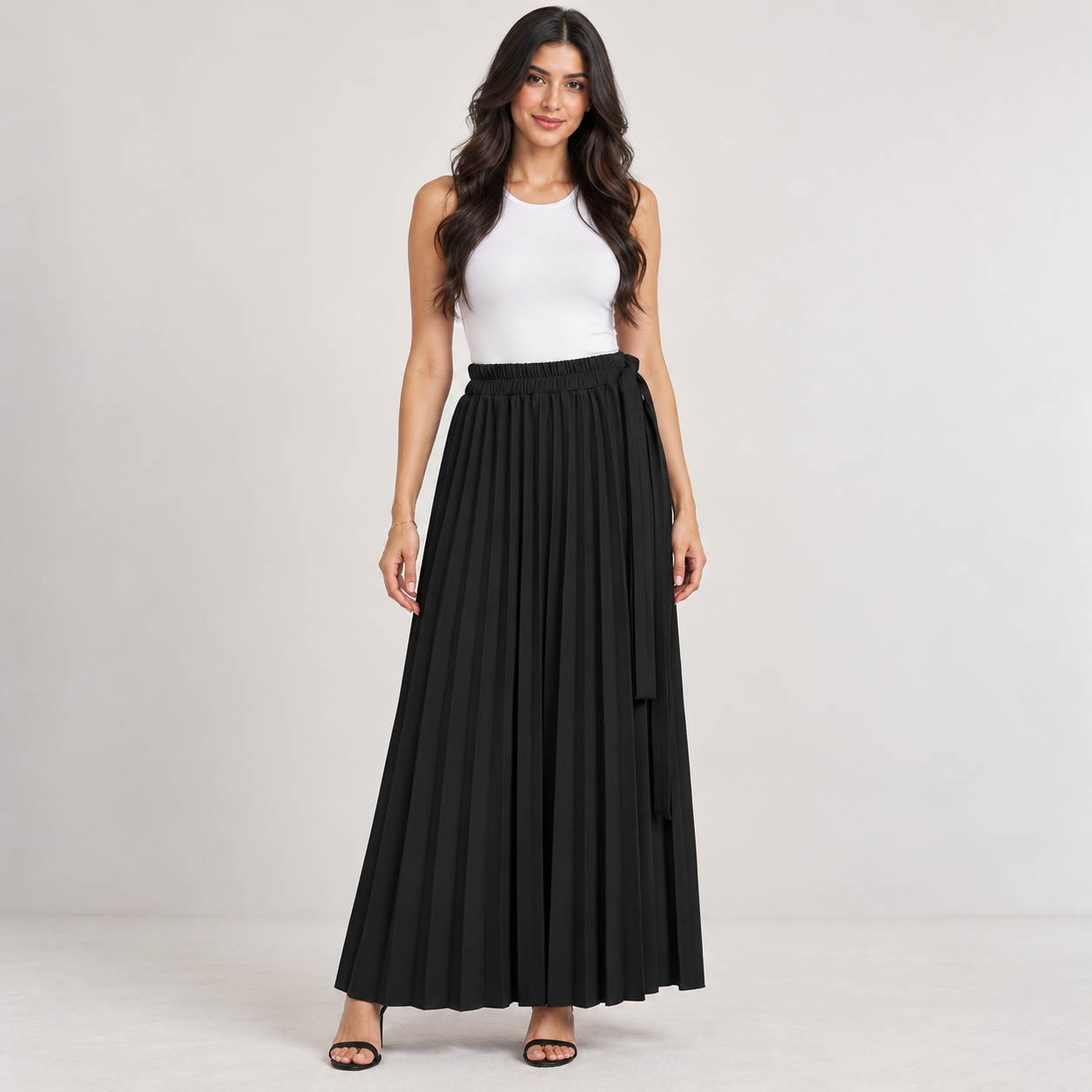 Pleated Tie-Waist Maxi Skirt