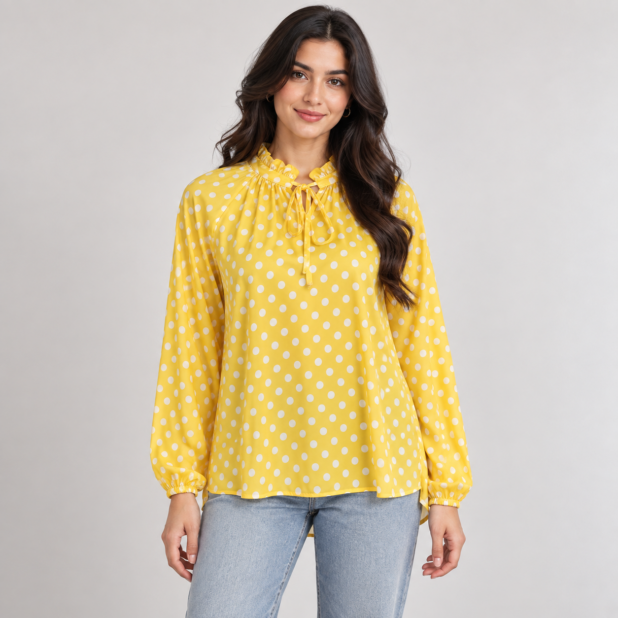 Polka Dot Satin Tie-Neck Blouse