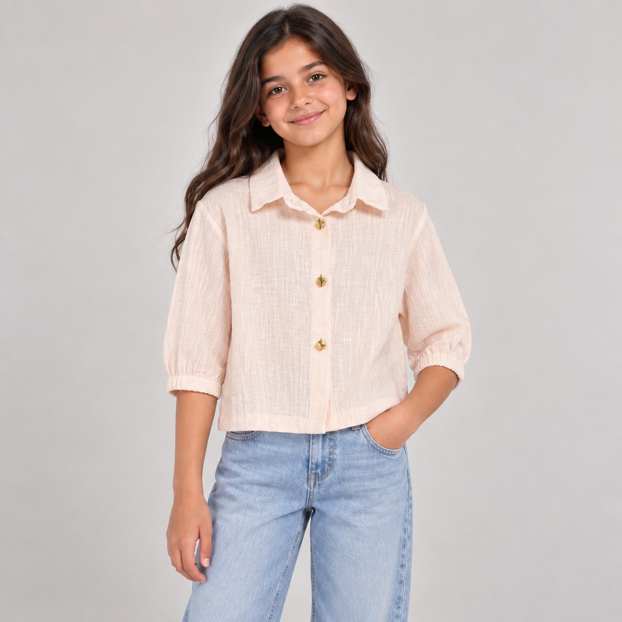 Girls’ Textured Gold Button Blouse