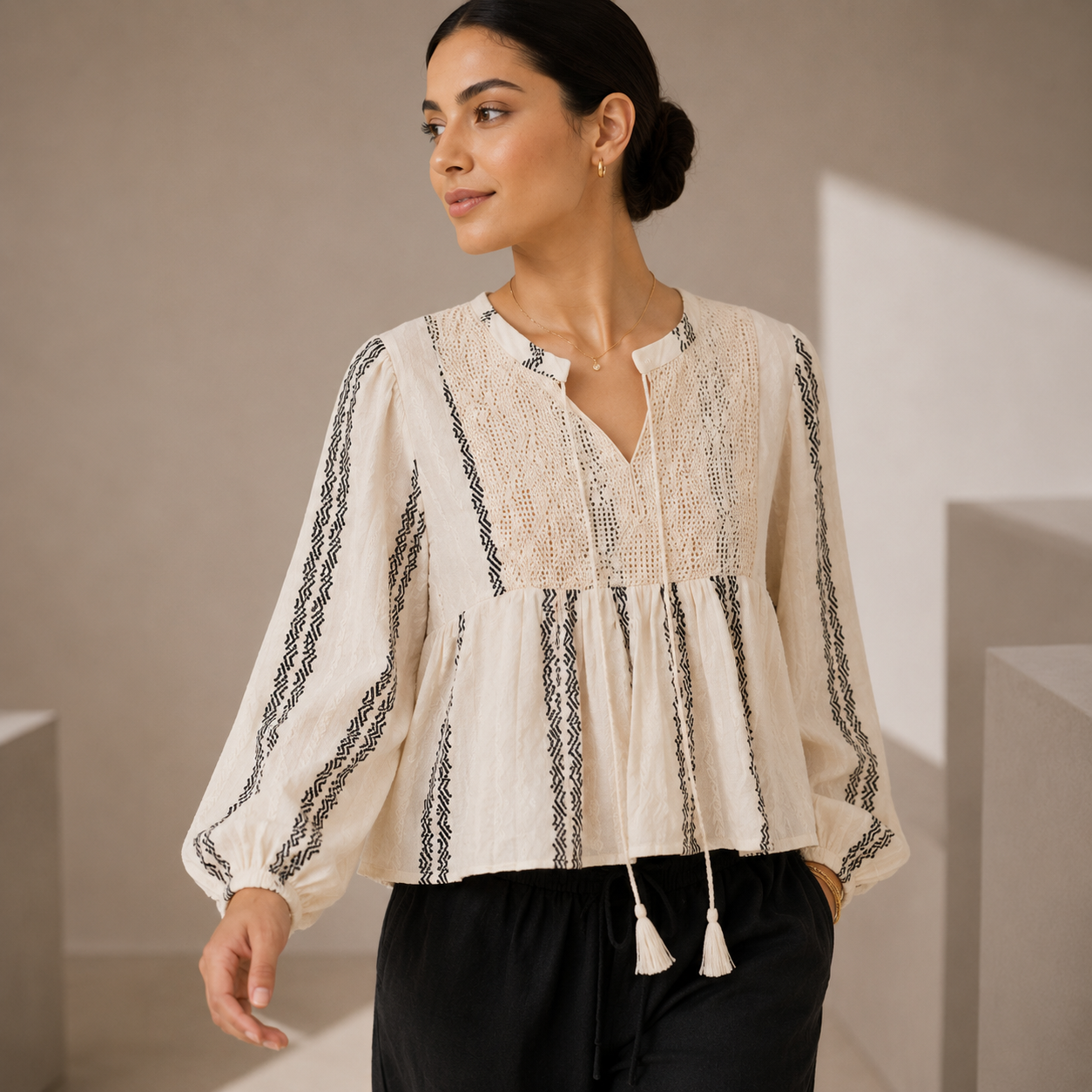 Women Tie-Neck Peplum Blouse