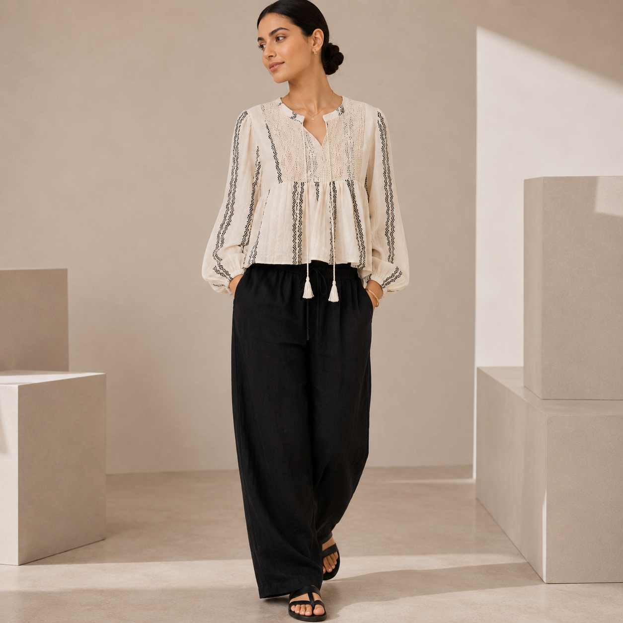 Women Tie-Neck Peplum Blouse