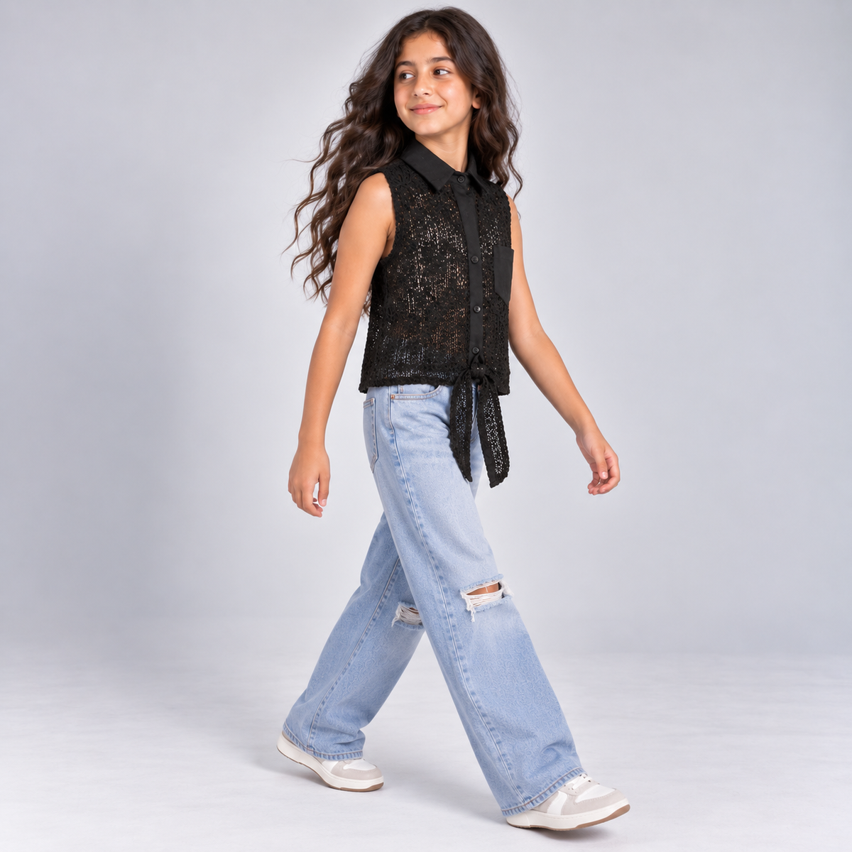 Girls Crochet Lace Tie-Front Sleeveless Shirt