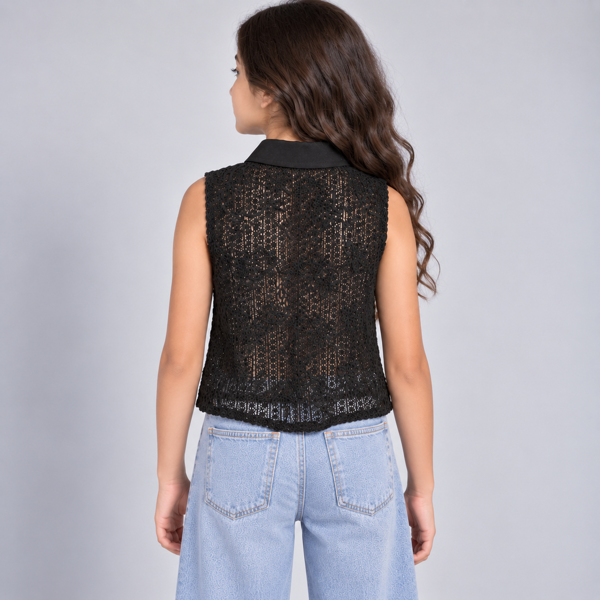 Girls Crochet Lace Tie-Front Sleeveless Shirt