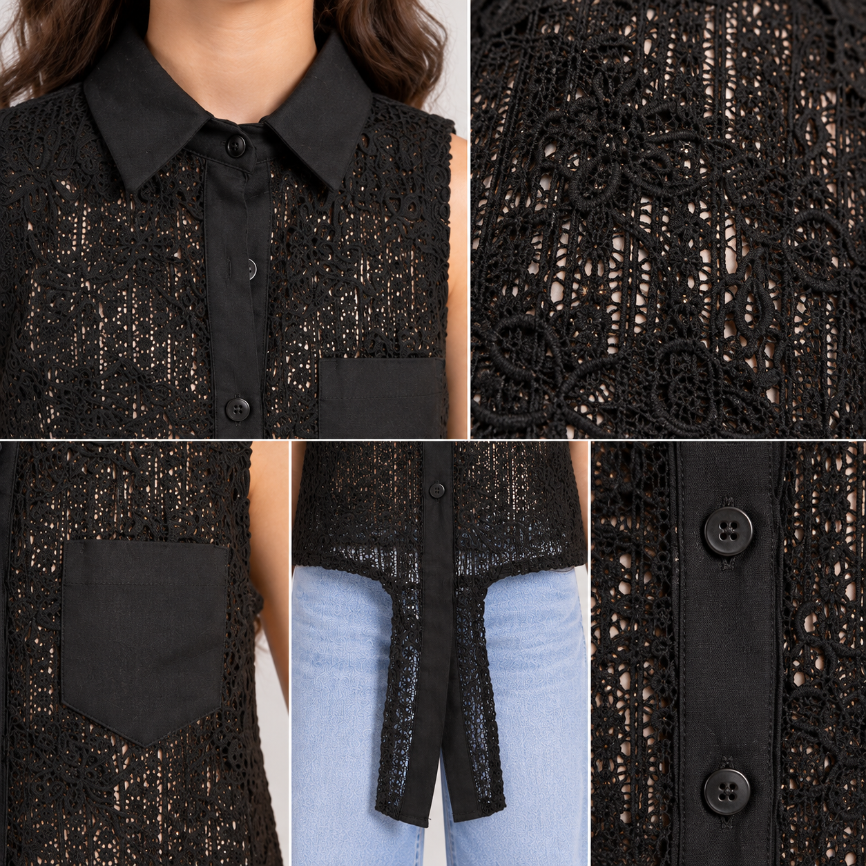 Girls Crochet Lace Tie-Front Sleeveless Shirt