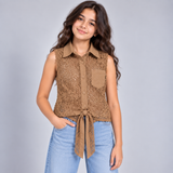 Girls Crochet Lace Tie-Front Sleeveless Shirt