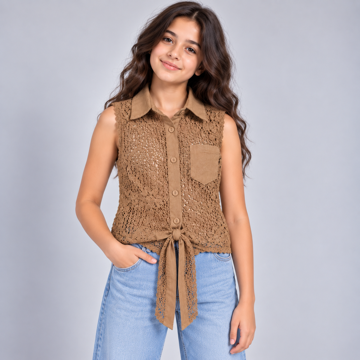 Girls Crochet Lace Tie-Front Sleeveless Shirt