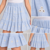 Girls Embroidered Tiered Skirt – Light Blue