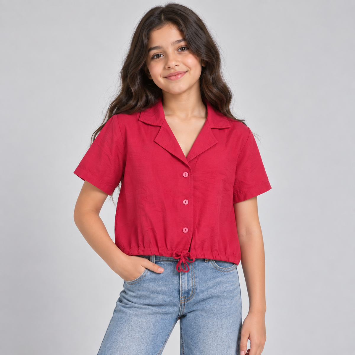 Girls Textured Drawstring Hem Shirt