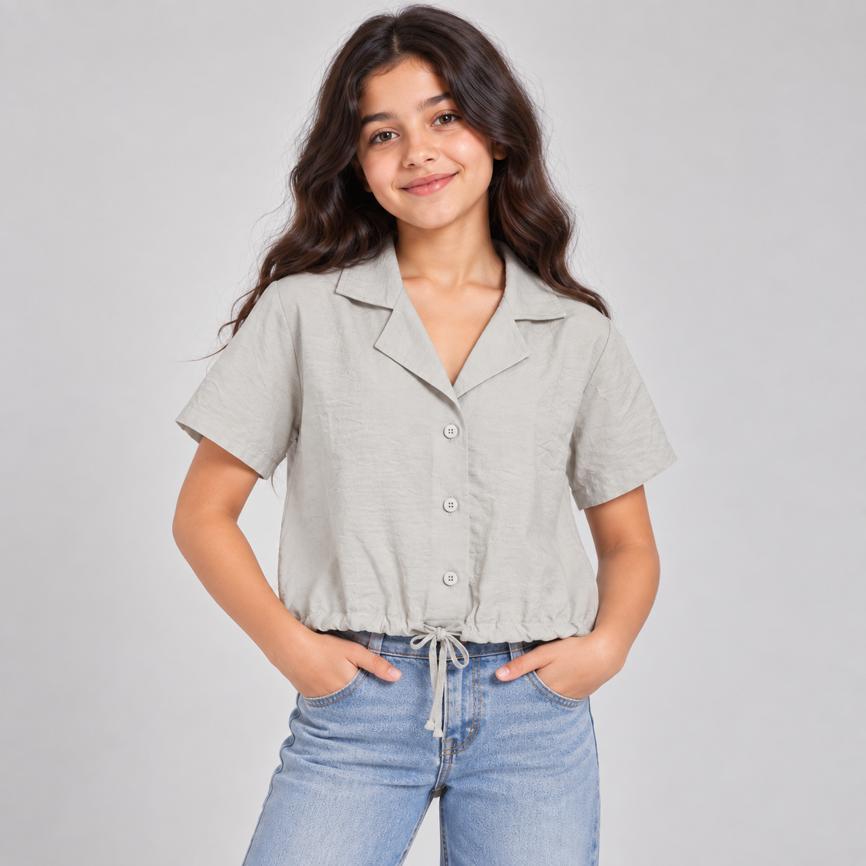 Girls Textured Drawstring Hem Shirt