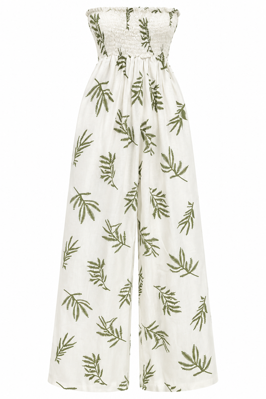 Women's Ivory Fern-Print Strapless Wide-Leg Jumpsuit