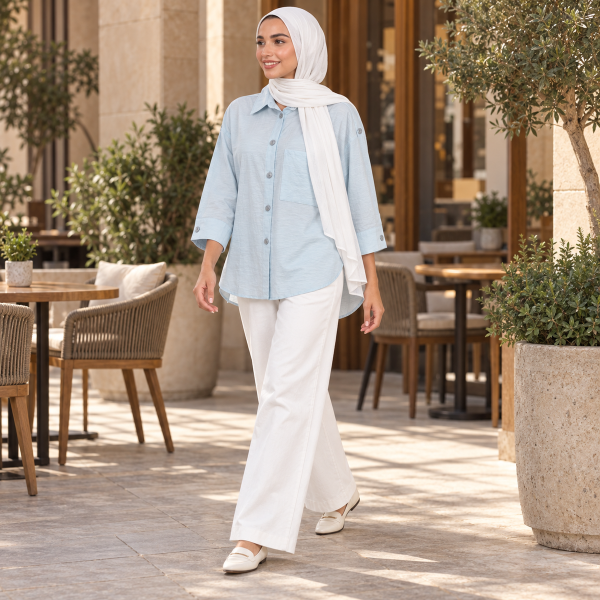 قميص حريمي أزرق فاتح بملمس مجعّد