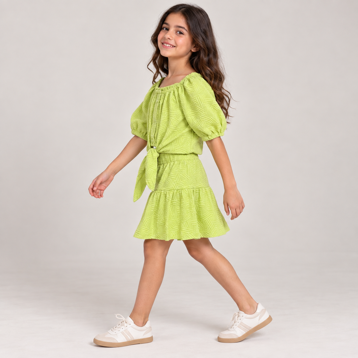 Girls Textured Tie-Front Top & Tiered Skirt Set