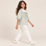 Girls Embroidered Bow Cold-Shoulder Top