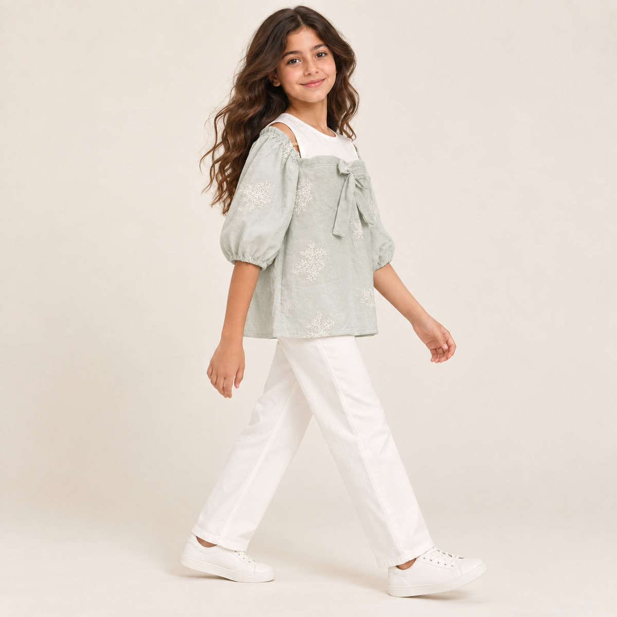Girls Embroidered Bow Cold-Shoulder Top