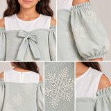 Girls Embroidered Bow Cold-Shoulder Top