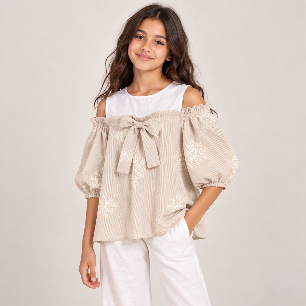 Girls Embroidered Bow Cold-Shoulder Top