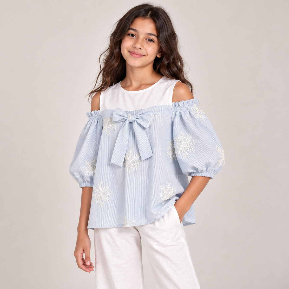 Girls Embroidered Bow Cold-Shoulder Top