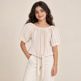 Girls Textured Puff Sleeve Tie Top