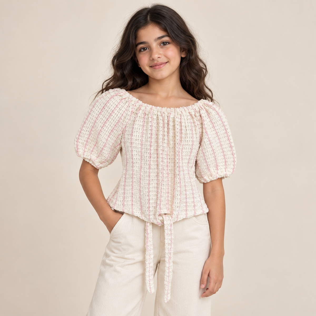 Girls Textured Puff Sleeve Tie Top