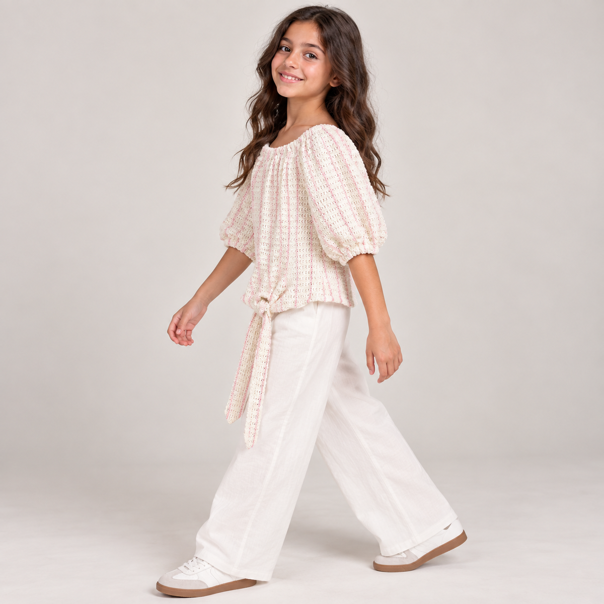 Girls Textured Puff Sleeve Tie Top