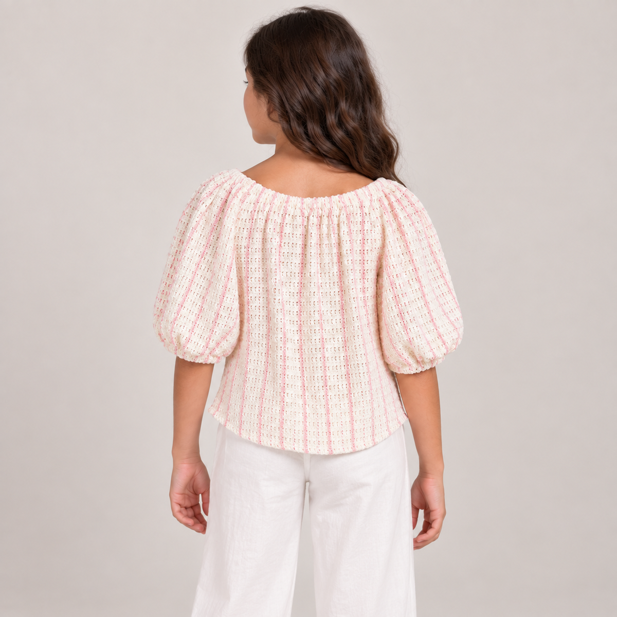 Girls Textured Puff Sleeve Tie Top