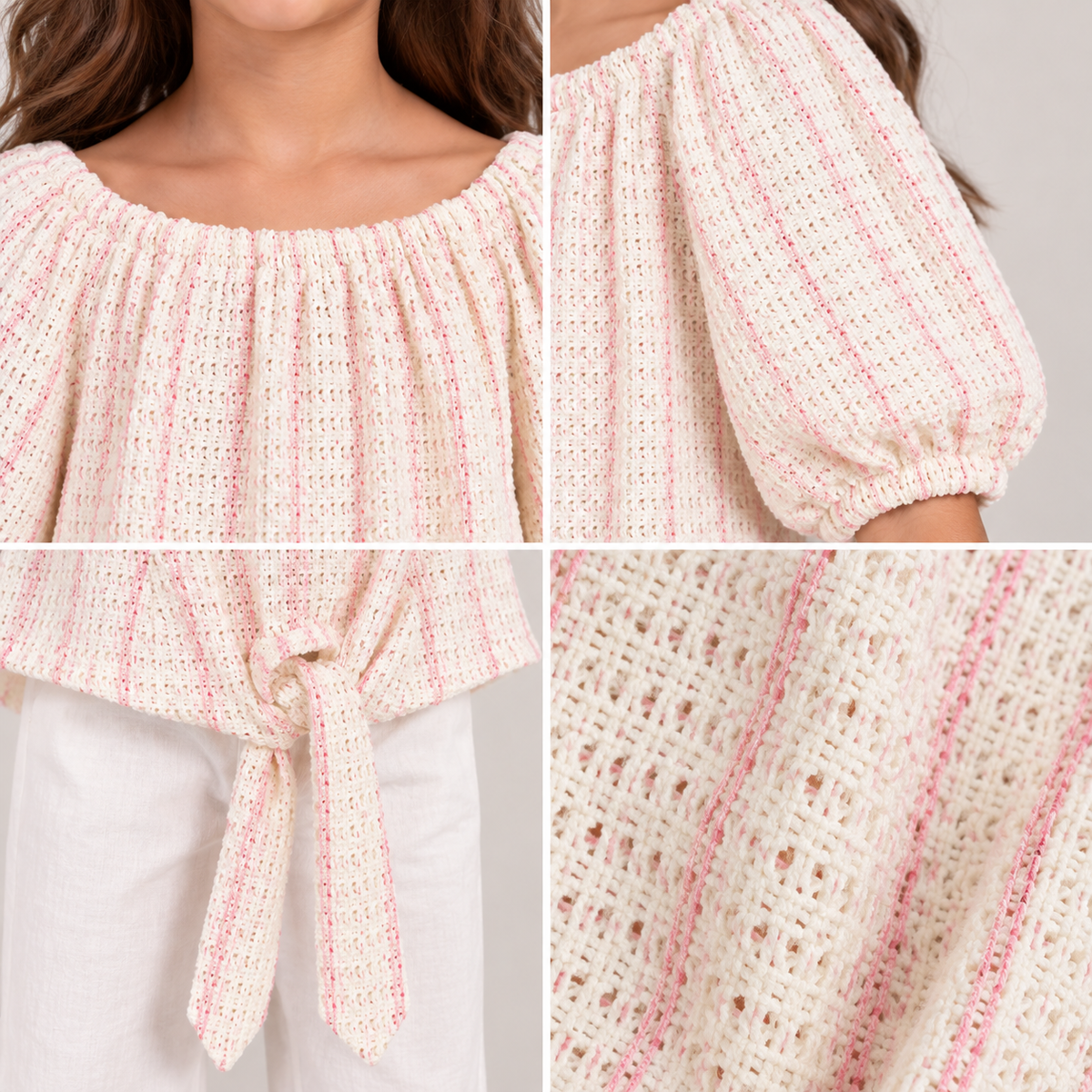 Girls Textured Puff Sleeve Tie Top