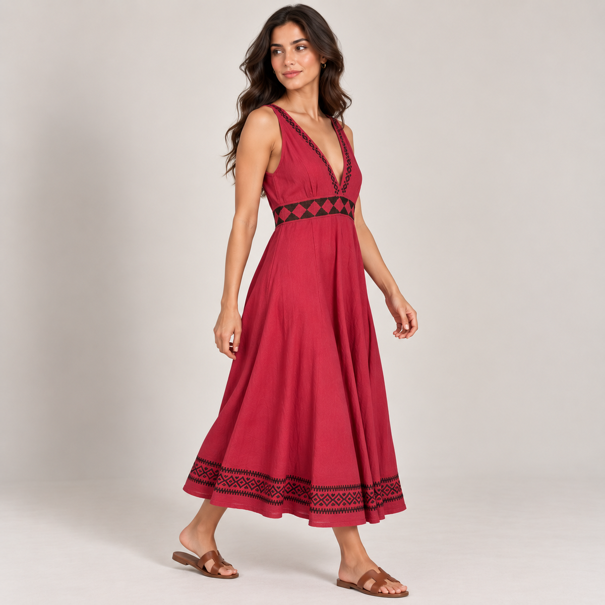 Embroidered V-Neck Maxi Dress