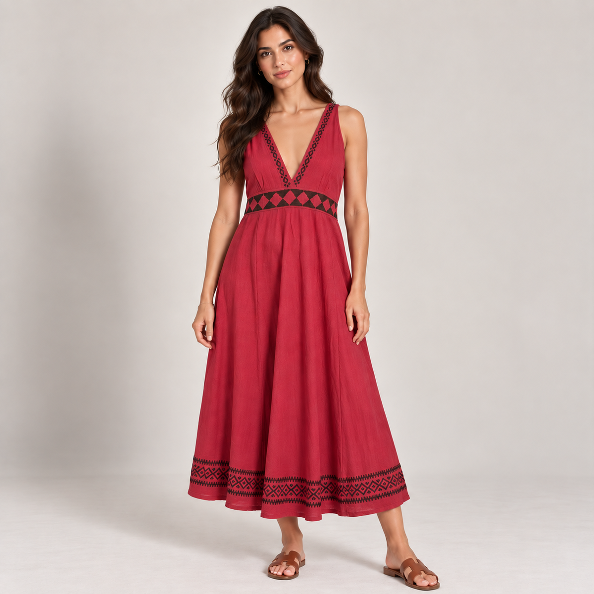 Embroidered V-Neck Maxi Dress