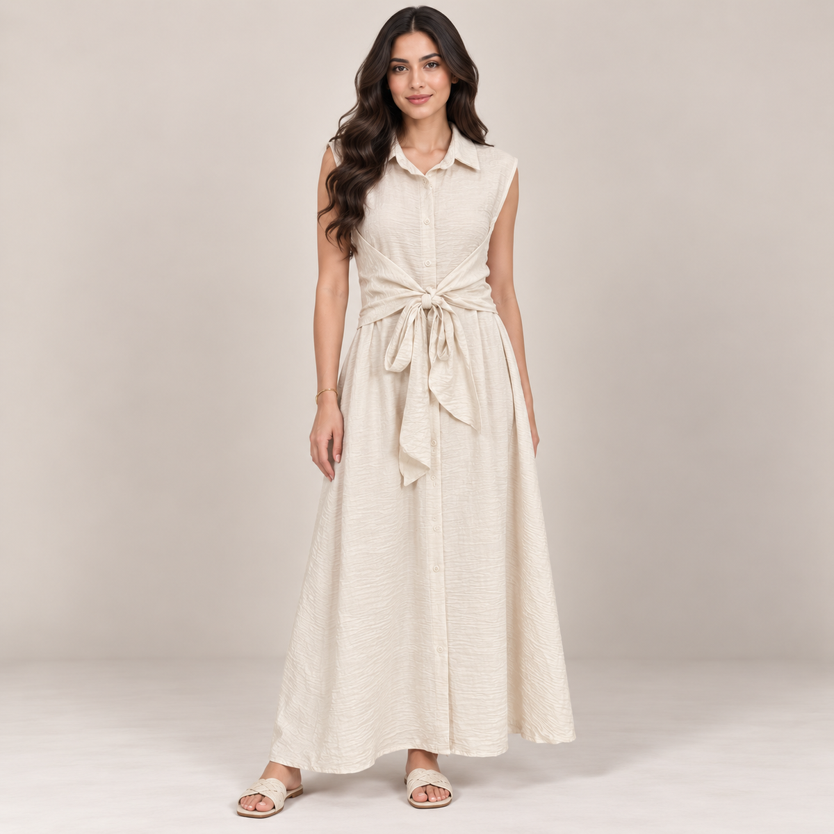 Women Tie-Front Shirt Maxi Dress