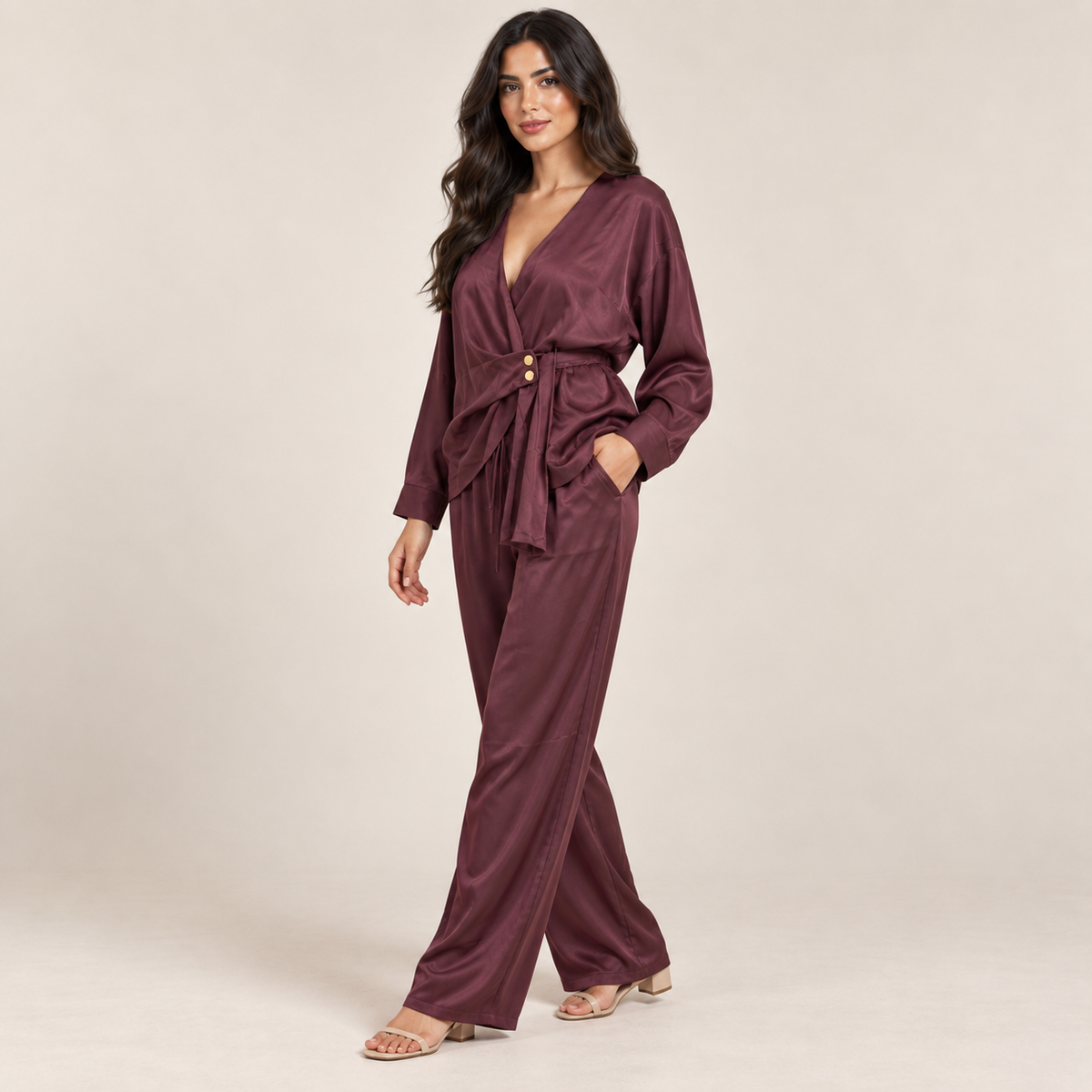 Women Satin Wrap Two-Piece Set