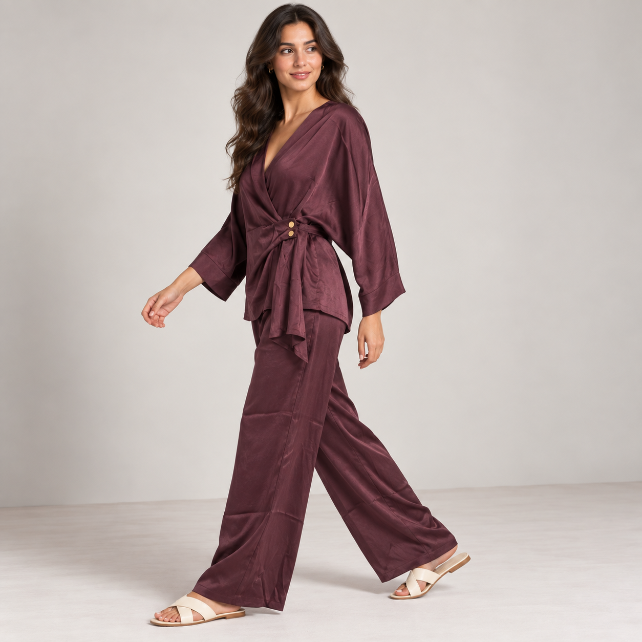 Women Satin Wrap Two-Piece Set