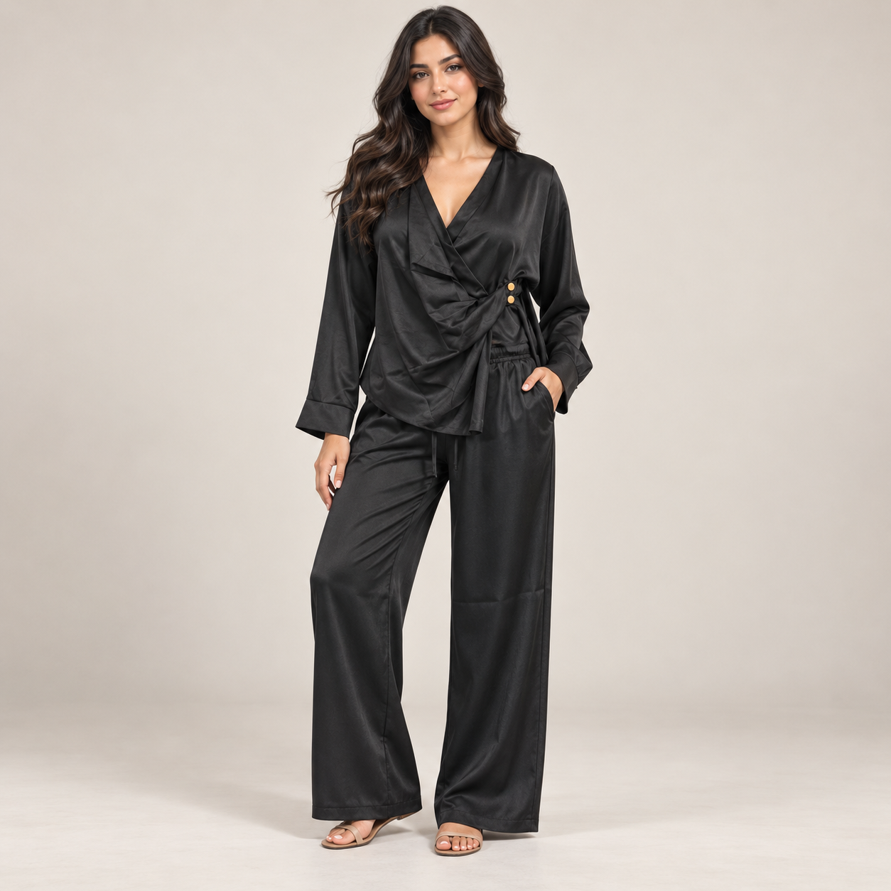 Women Satin Wrap Two-Piece Set