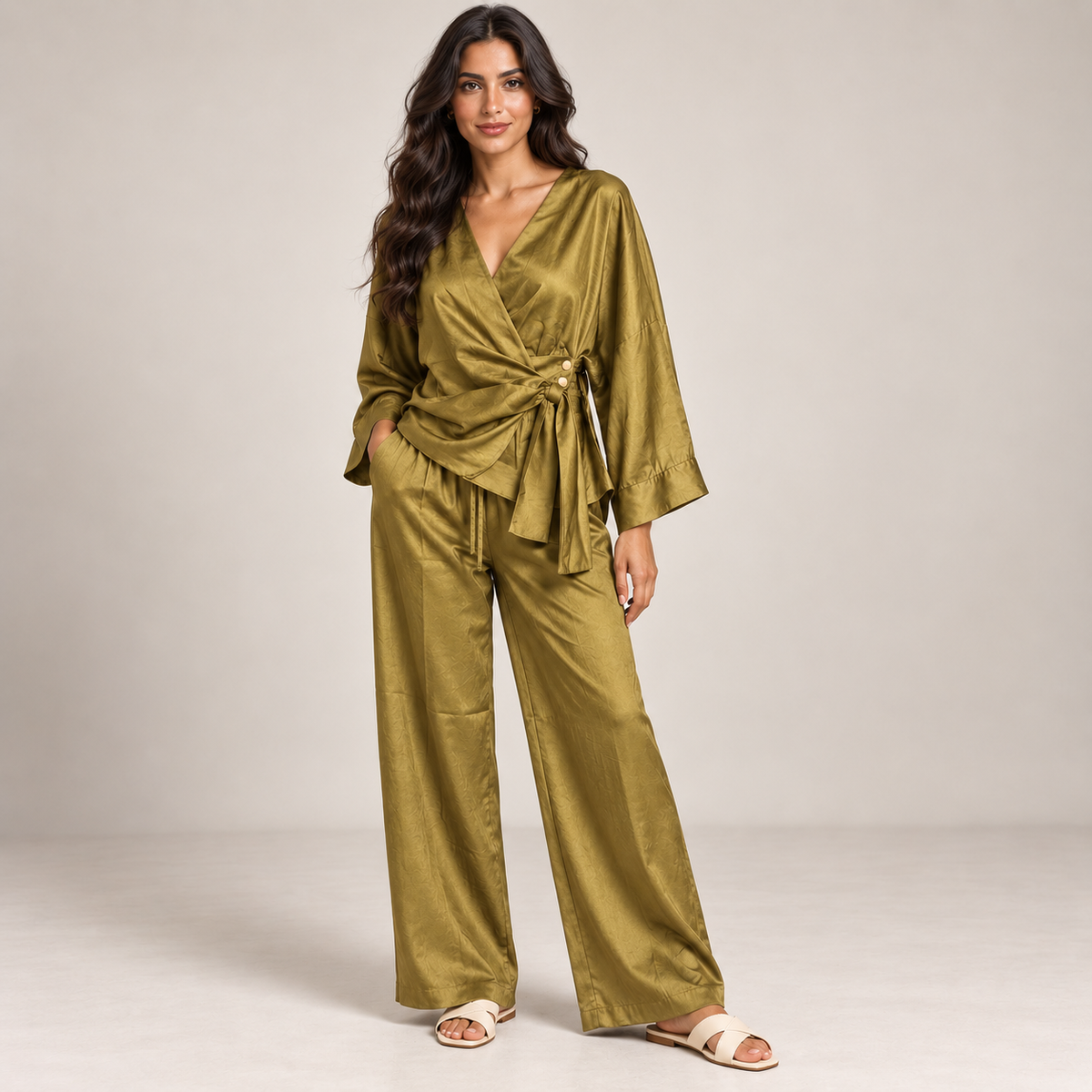 Women Satin Wrap Two-Piece Set