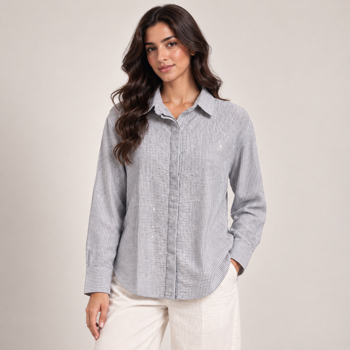Women Rhinestone Pinstripe Shirt