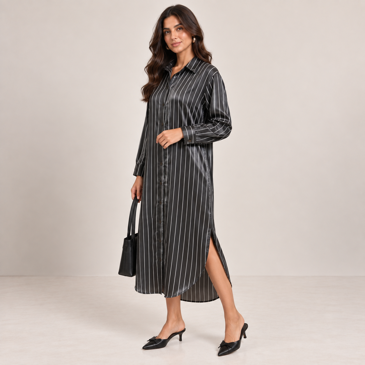 Women Satin Pinstripe Shirt Dress