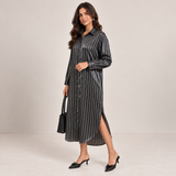 Women Satin Pinstripe Shirt Dress