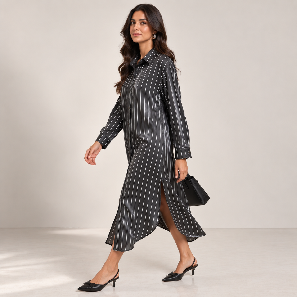Women Satin Pinstripe Shirt Dress