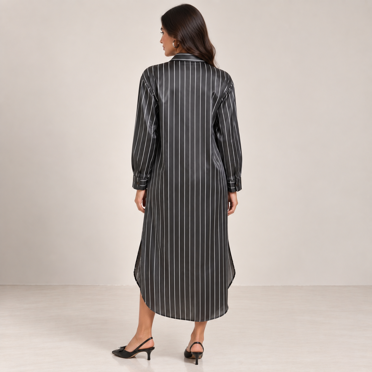 Women Satin Pinstripe Shirt Dress