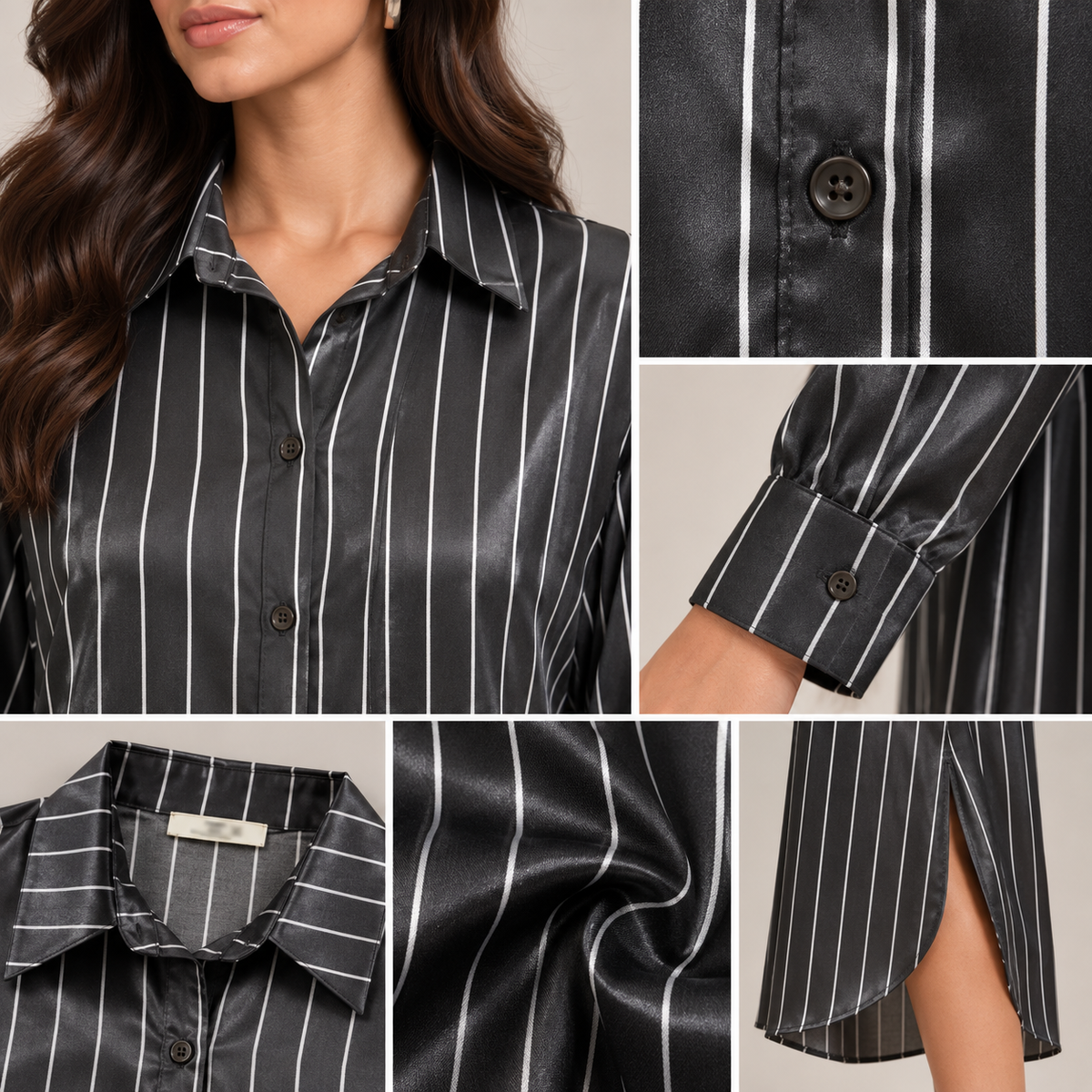 Women Satin Pinstripe Shirt Dress