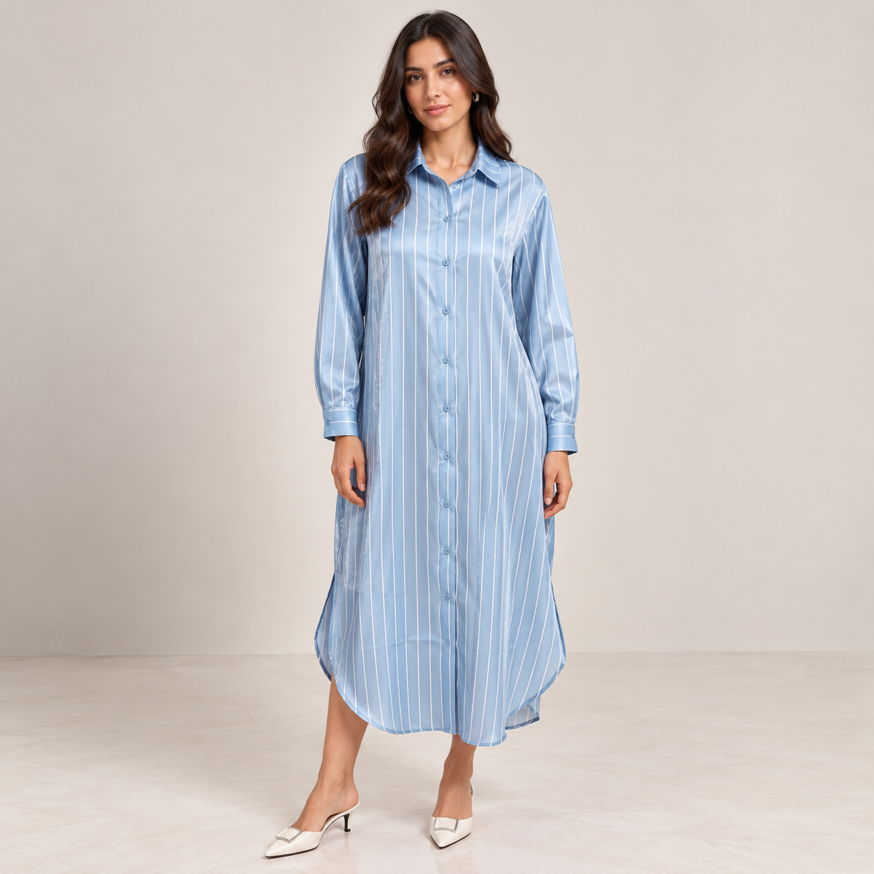 Women Satin Pinstripe Shirt Dress