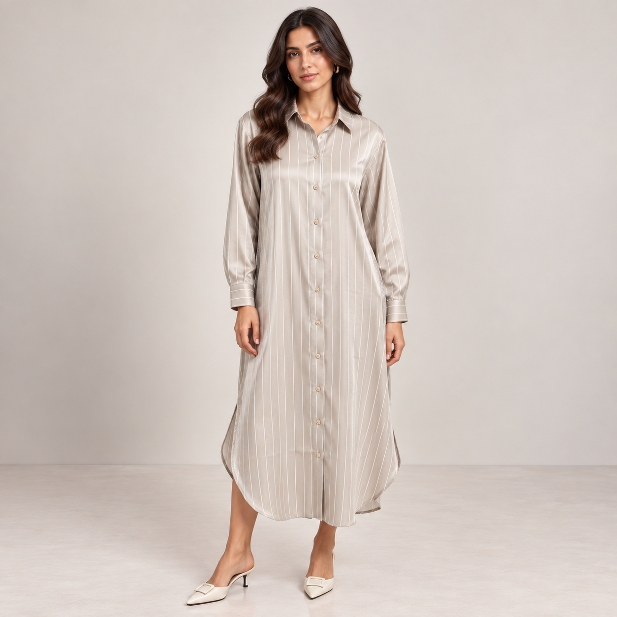 Women Satin Pinstripe Shirt Dress