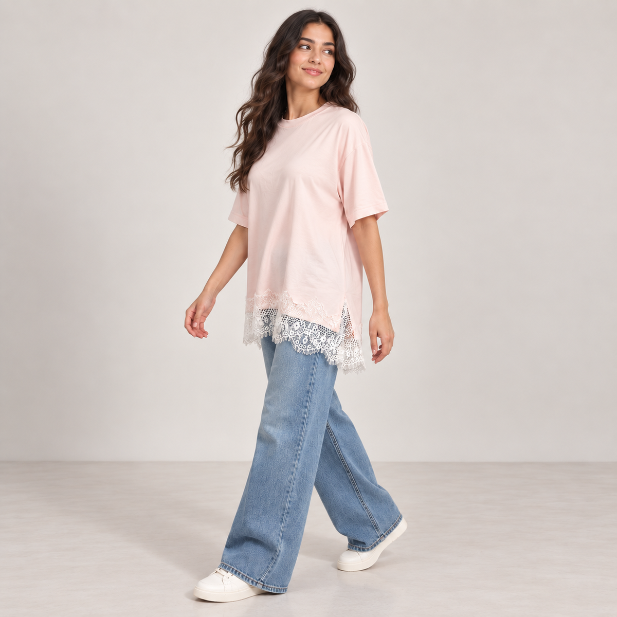 Women Lace Hem Relaxed T-Shirt
