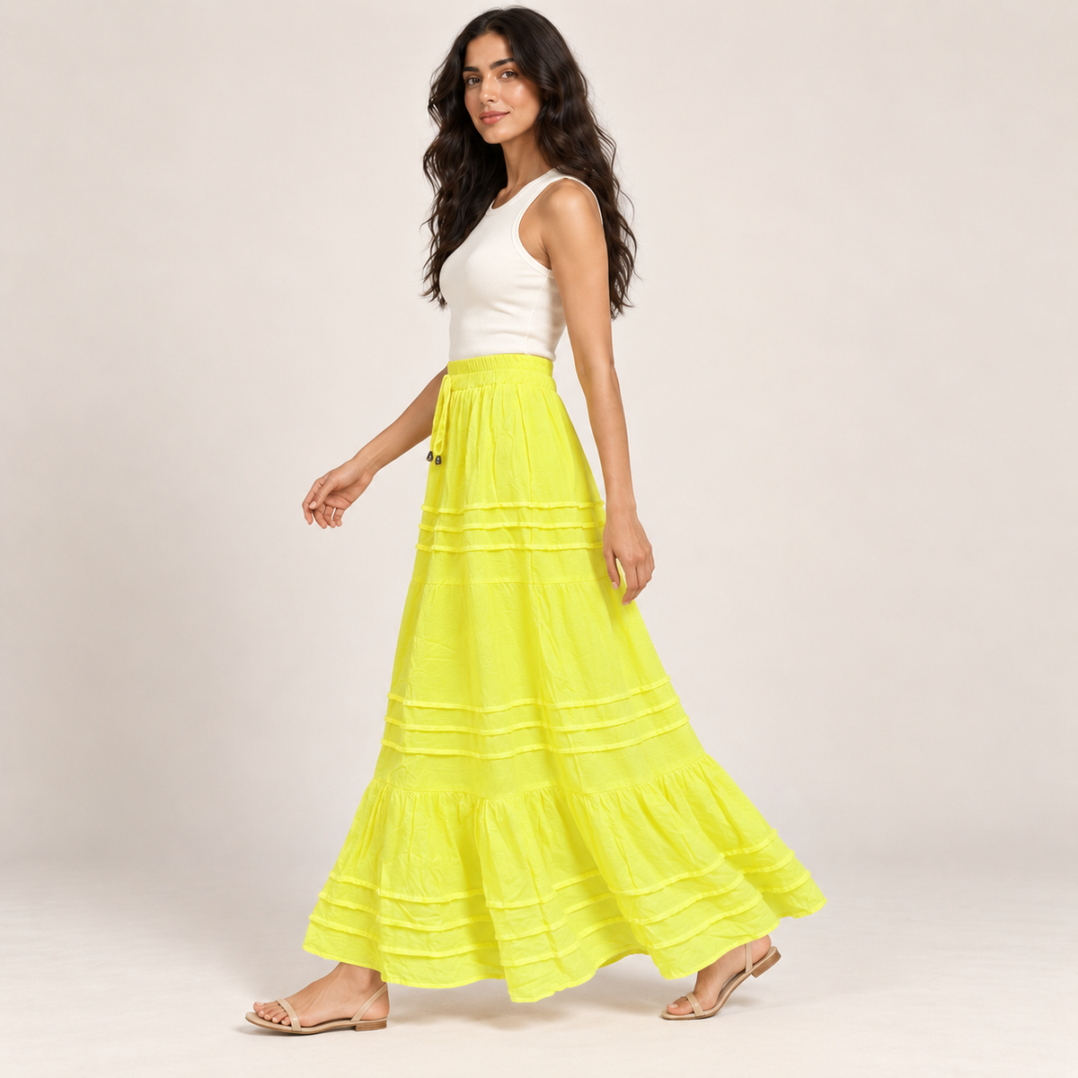 Women Tiered Drawstring Maxi Skirt