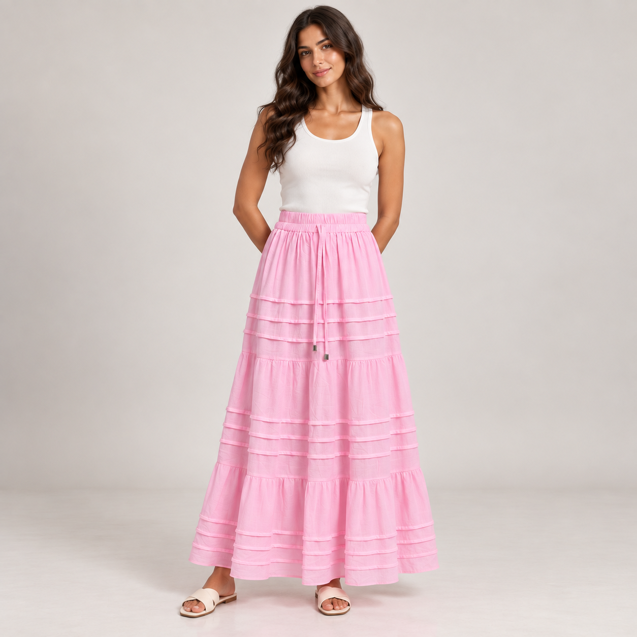 Women Tiered Drawstring Maxi Skirt