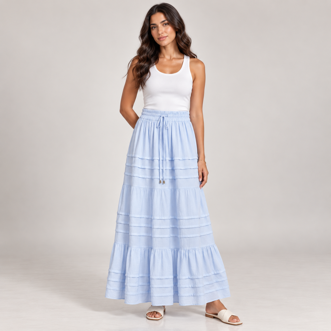 Women Tiered Drawstring Maxi Skirt