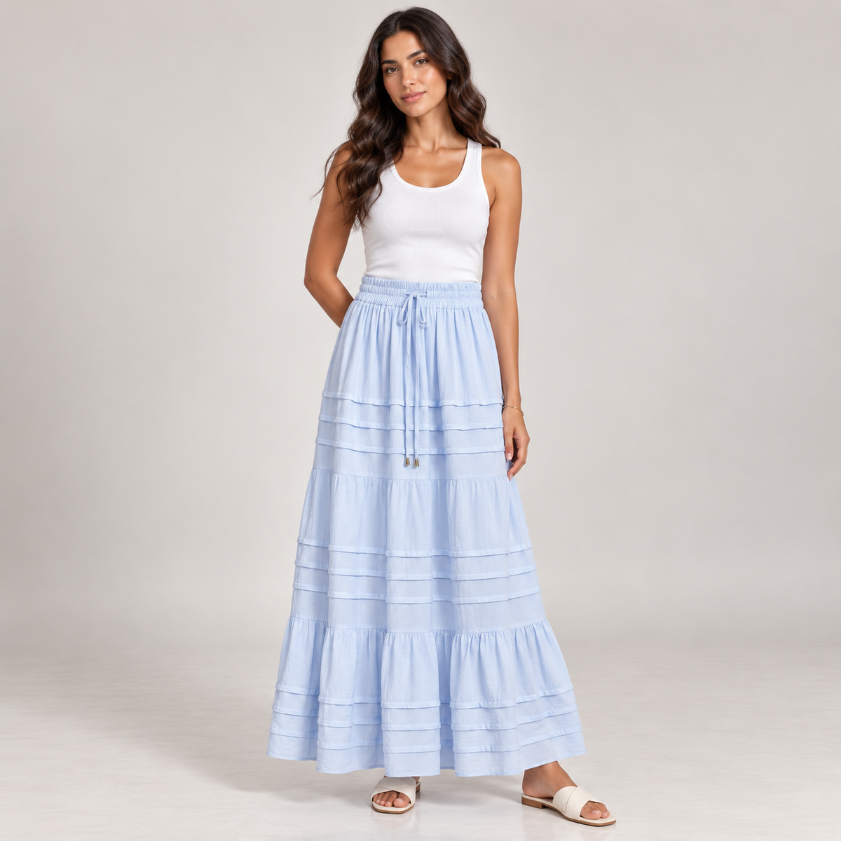 Women Tiered Drawstring Maxi Skirt
