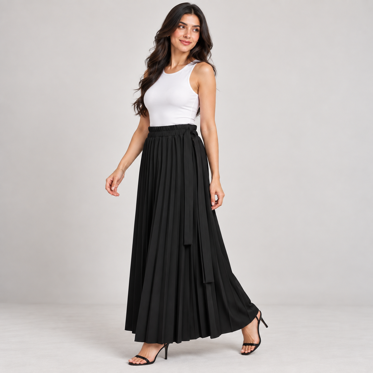 Pleated Tie-Waist Maxi Skirt