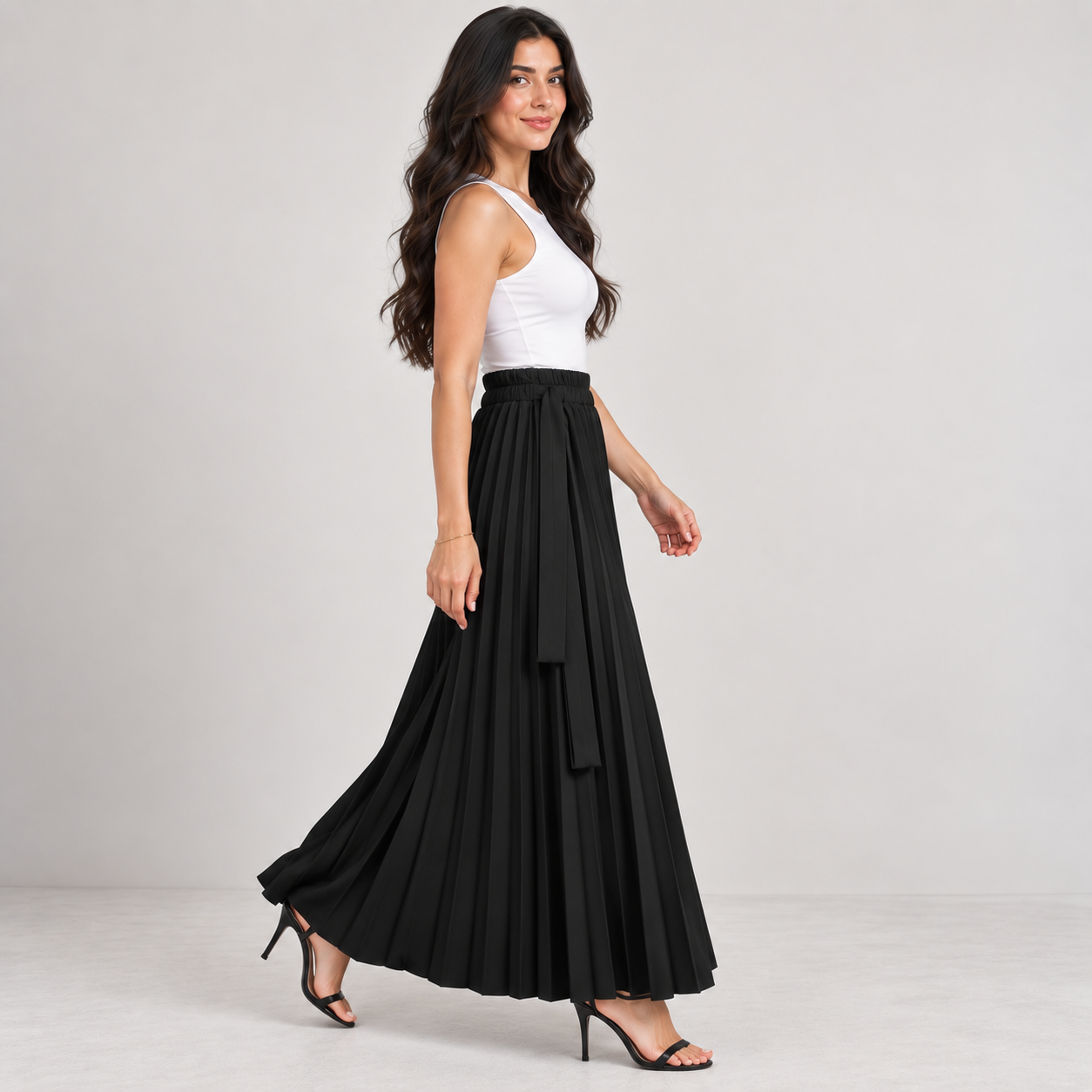Pleated Tie-Waist Maxi Skirt