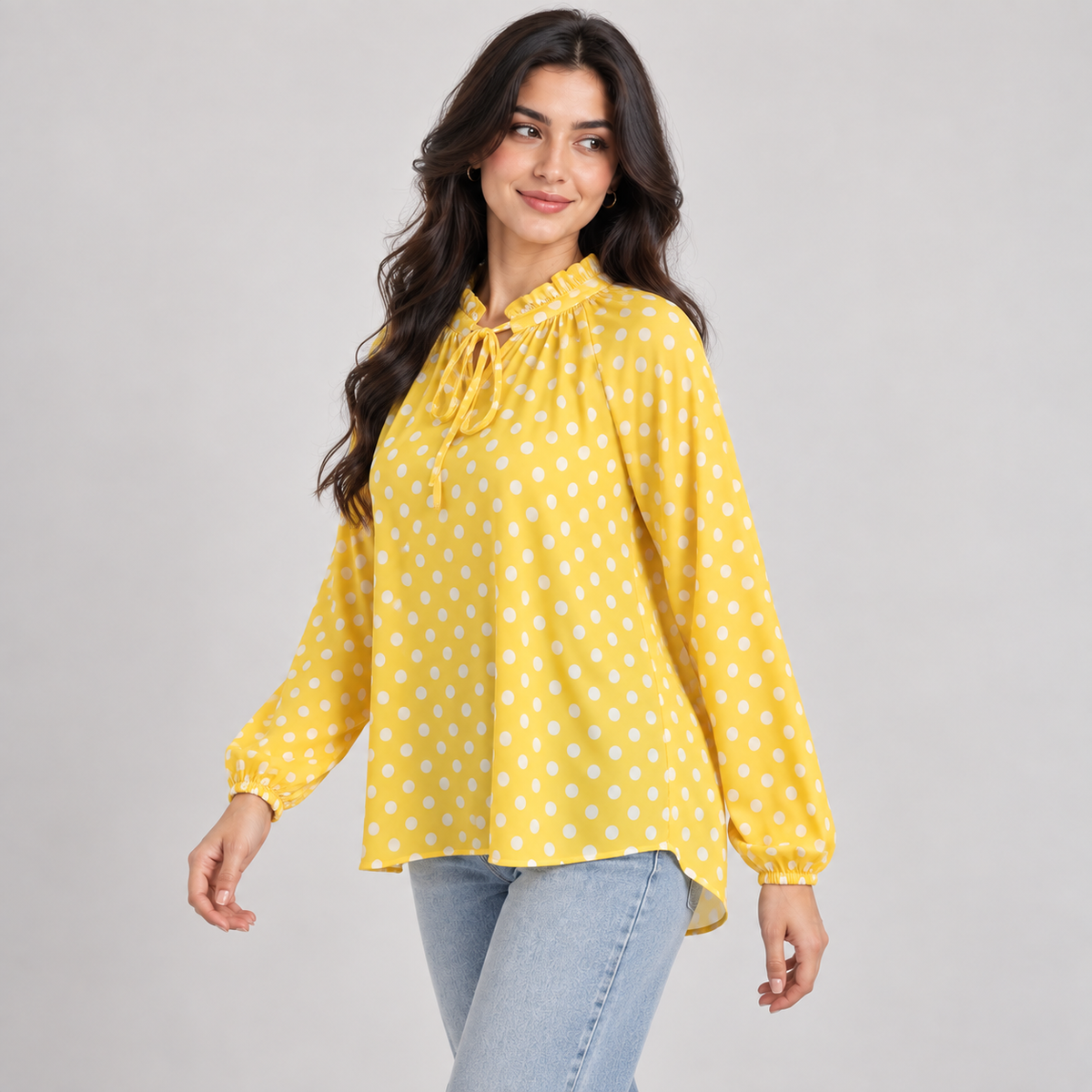 Polka Dot Satin Tie-Neck Blouse